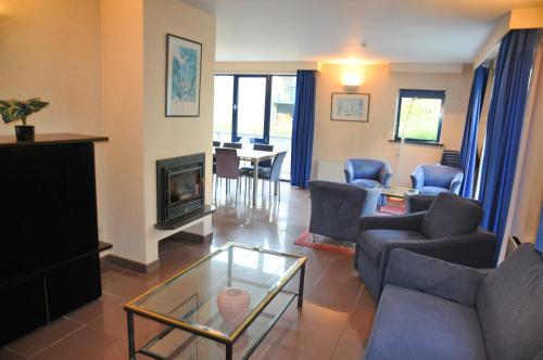 a living room with a couch and chairs and a fireplace at Résidence Durbuy in Durbuy