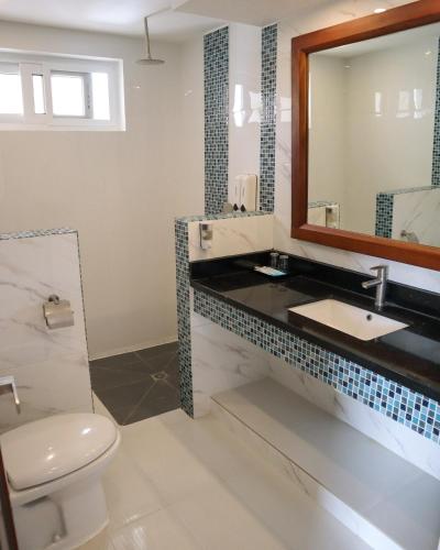 a bathroom with a sink and a toilet and a mirror at Aira Boracay Hotel in Boracay