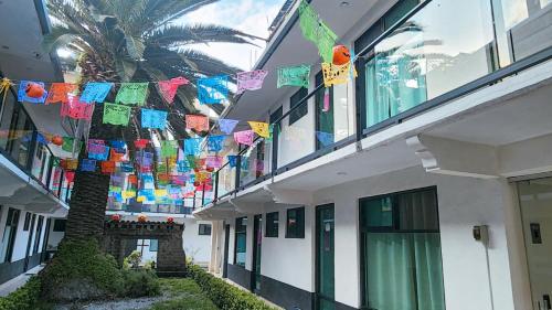 a hallway of a building with flags and a palm tree at La Palma Coliving in San Lucas Xoloc