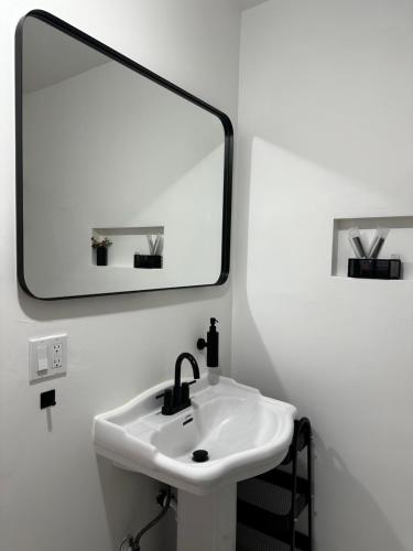 ein Badezimmer mit einem weißen Waschbecken und einem Spiegel in der Unterkunft Modern, Remodeled Echo Park House-Walk to Sunset Blvd, Dodgers Stadium, Shops, Bars, Restaurants, Lake, Concerts in Los Angeles