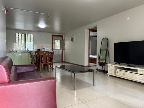 a living room with a couch and a flat screen tv at Large two-bedroom apartment-free parking in Suva