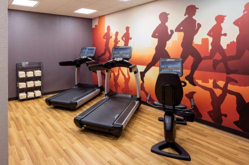 two exercise bikes in a gym with a wall mural at Hyatt House New Orleans Downtown in New Orleans