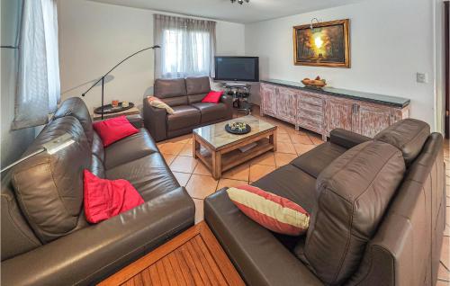 un salon avec des canapés en cuir et une télévision dans l'établissement Lovely Home In Agde With Wifi, à Agde