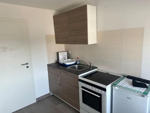 a small kitchen with a sink and a stove at Ferien- Monteurwohnung in Förderstedt, Staßfurt in Staßfurt