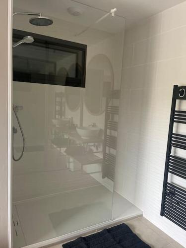 une douche en verre dans une salle de bain avec un lavabo dans l'établissement Maison avec toit terrasse, à Villers-sur-Mer