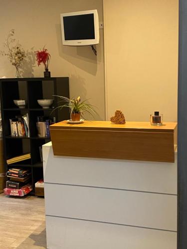 a counter with a tv on top of it at HOTEL LES MARRONNIERS in Thueyts