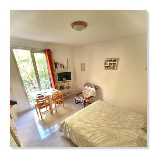 une chambre avec un lit, une table et une chaise dans l'établissement Calme et arboré, Studio 34, à Digne-Les-Bains