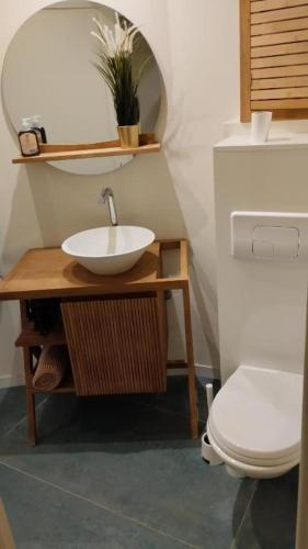 une salle de bain avec un lavabo et des toilettes dans l'établissement Chambre avec grand bureau sdb partagée, à Chavagne