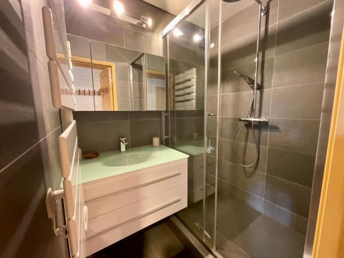 une salle de bain avec un lavabo et une douche dans l'établissement Le Refuge du Val Arly, à Praz-sur-Arly