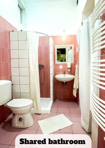 a bathroom with a toilet and a sink at Black Sheep Budapest Smart Rooms in Budapest