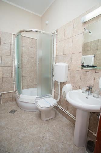 a bathroom with a shower and a toilet and a sink at Sin-Kom Hotel Garni in Pirot