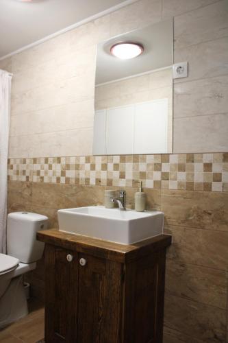a bathroom with a sink and a toilet and a mirror at Pálma Apartmanok Szálláshely Százhalombatta 3a in Százhalombatta
