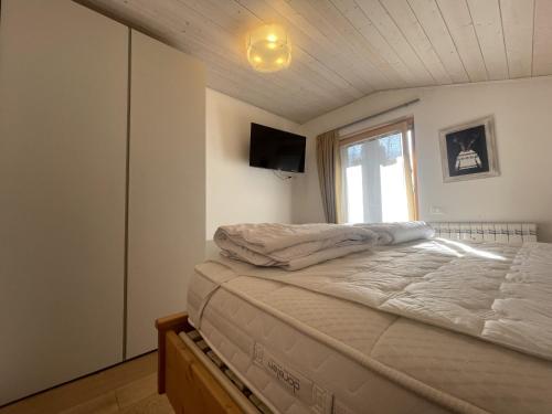 a bedroom with a bed and a television on the ceiling at 010 Trilocale Quadrifoglio, Pinzolo in Giustino