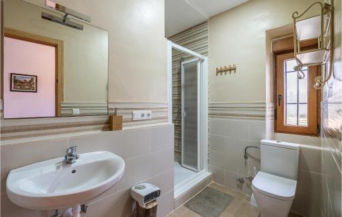 a bathroom with a sink and a toilet and a mirror at Nice Home In Trasmulas, Granada in Trasmulas