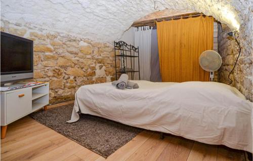 a bedroom with a bed and a tv and a stone wall at Lovely Apartment In Pujaut With Wifi in Pujaut
