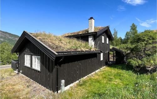 ein schwarzes Haus mit Grasdach in der Unterkunft Nice Home In Øyer With Sauna in Øyer