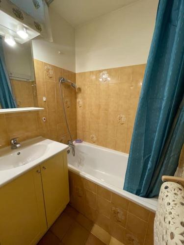 Un baño con bañera, lavabo y ducha. en Appt T2 à Saint-Lary-Soulan à 100m du centre, en Saint-Lary-Soulan