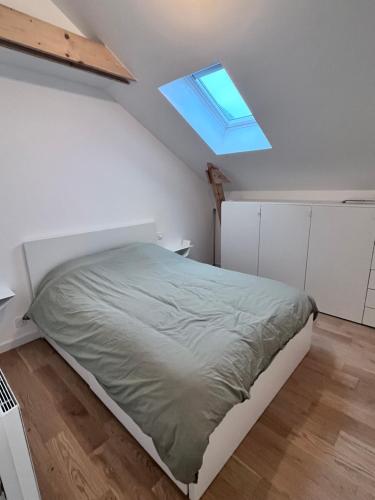 a bedroom with a bed and a skylight at Appartement Lancieux in Lancieux
