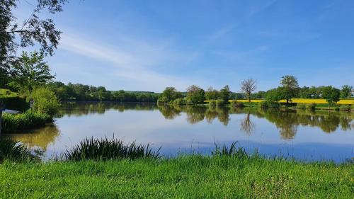 a large lake with grass and trees in the background at Le Coeur Du Moulin in Saint-Aubin-le-Monial