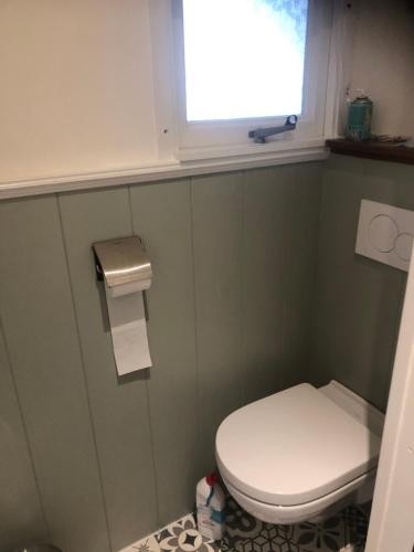 a small bathroom with a toilet and a window at Appartement in schuur in Twisk