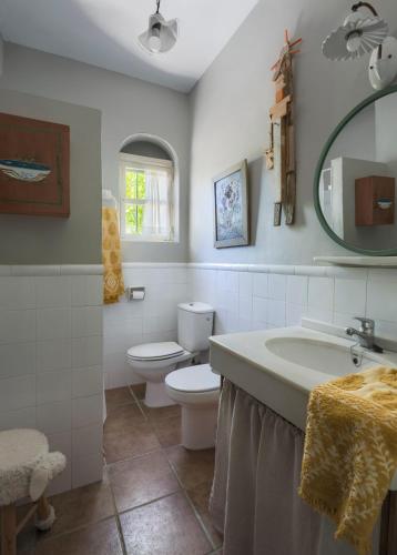 a bathroom with a sink and a toilet and a mirror at Finca Olivo Llorón in Montilla