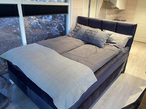 a large bed in a room with a large window at Northern Lights Haven in Ytre Tomasjord