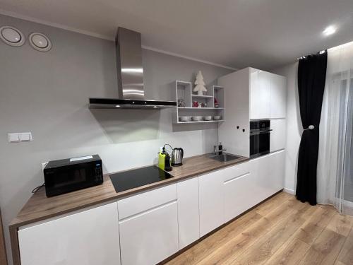 a white kitchen with a sink and a microwave at APARTAMENT ZAMKOWY in Będzin