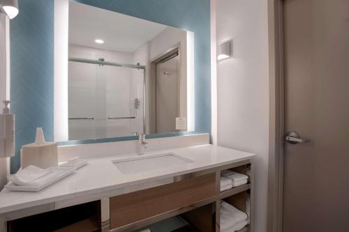a bathroom with a sink and a large mirror at Hilton Garden Inn Omaha West in Omaha