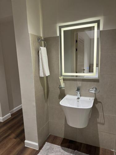 a bathroom with a sink and a mirror at شقة دار المنى الفندقية in Al Madinah