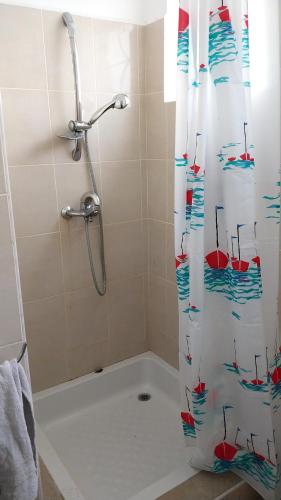 a bathroom with a shower with a shower curtain at Pereybère Apartment in Pereybere