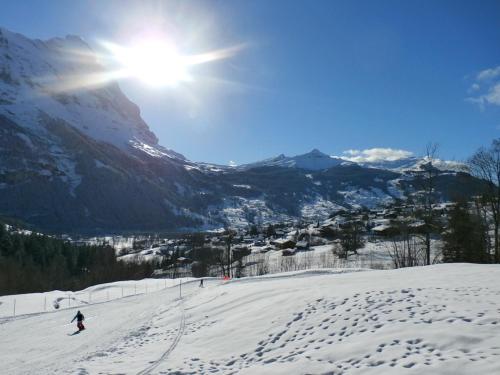a person is skiing down a snow covered mountain at Casa Almis, Grindelwald in Grindelwald