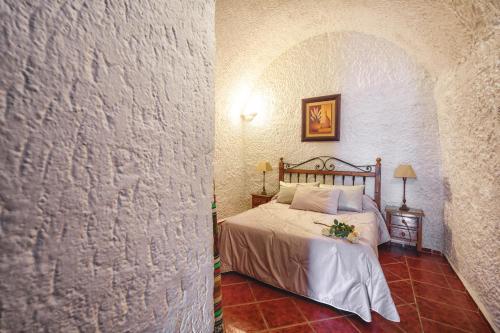 a bedroom with a bed in a stone wall at Cuevas Pedro Antonio de Alarcon in Guadix