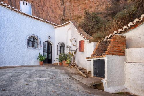 a group of white buildings in front of a mountain at Cuevas Pedro Antonio de Alarcon in Guadix