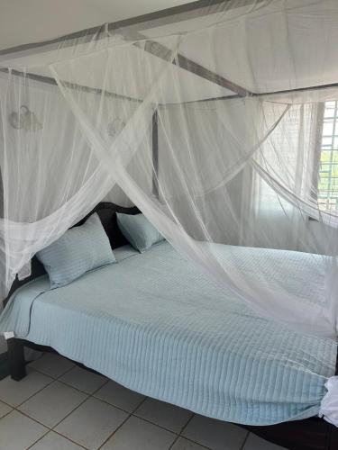 a bed with a canopy in a room at Marlin House in Kinondo