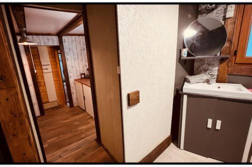 a small kitchen with a sink and a mirror at Ô Jardin Secret in Oberschaeffolsheim