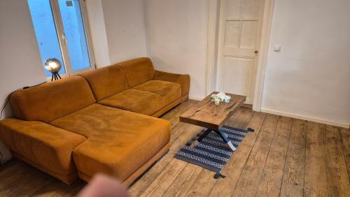 - un salon avec un canapé brun et une table basse dans l'établissement 2 pièces sud, à Wasselonne