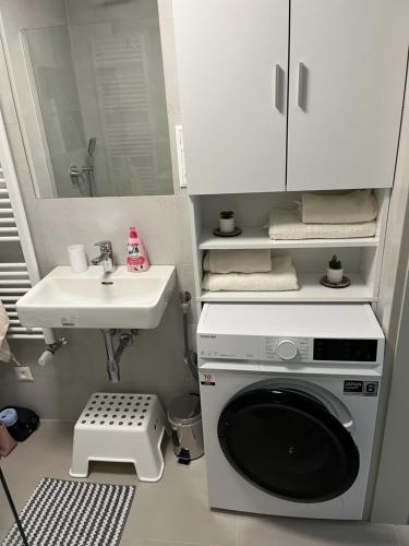a bathroom with a washing machine and a sink at Apartmán Za Humny - krása Krušných hor in Horní Blatná