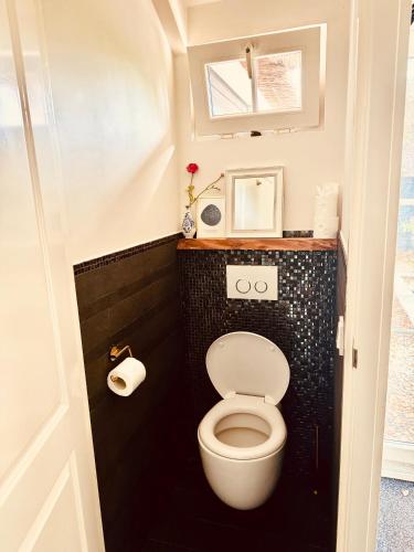 a small bathroom with a toilet with a black wall at Luxe chalet Beekbergen nl in Beekbergen