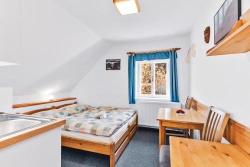 a small room with a bed and a table and a kitchen at Pension Dita - Adršpach in Teplice nad Metují