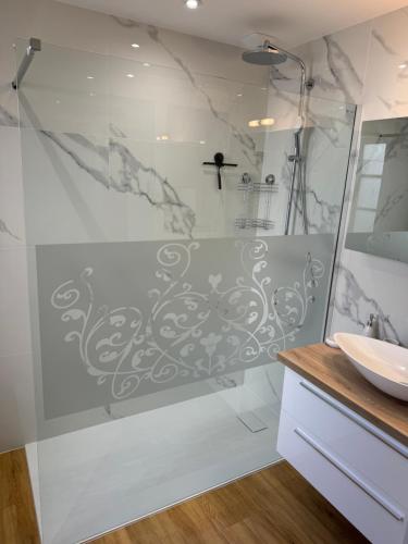 une salle de bain avec douche et lavabo dans l'établissement L'escale de la Cité du Vitrail, à Troyes