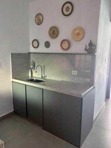a kitchen with a sink and plates on the wall at Cana Caiana Casa in Paraty