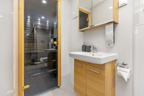a bathroom with a sink and a shower at Aisa Studio37 in Pärnu