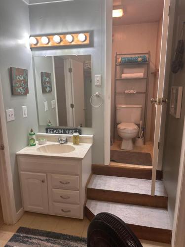 a bathroom with a toilet and a sink and a mirror at Pink Paradise in Emerald Isle