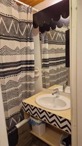 une salle de bain avec un lavabo et un rideau de douche dans l'établissement Risoul - Apt 10 pers au pied des pistes, à Risoul