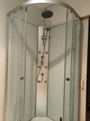 une douche avec une porte vitrée dans une salle de bain dans l'établissement Le nid du lac, à Marciac