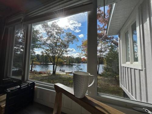 a mug sitting on a window sill looking out at a lake at Muskoka Retreat, Fire Pit, Games, Waterfront in Gravenhurst