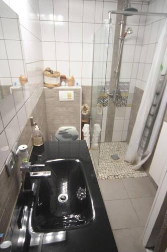 La salle de bains est pourvue d'un lavabo noir et d'une douche. dans l'établissement Appartement 90 m2, à Vic-sur-Seille