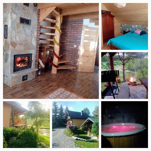 a collage of pictures of a house with a fireplace at Domek nad Stawem Siemuszowa in Tyrawa Wołoska