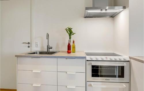 a white kitchen with a sink and a stove at Lovely Apartment In Svaneke With Wifi in Svaneke