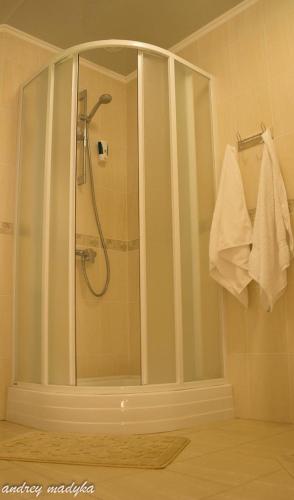 a shower with a glass door in a bathroom at Eco Sadyba Familia in Yaremche